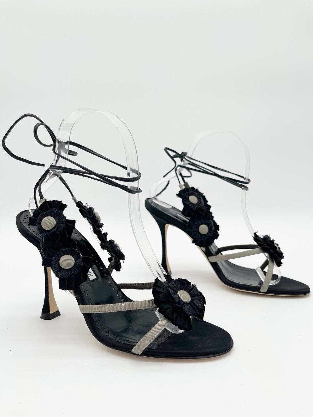 Manolo Blahnik Marie Antoinette Palissot Black Rosette Ankle Tie Sandals IT 37